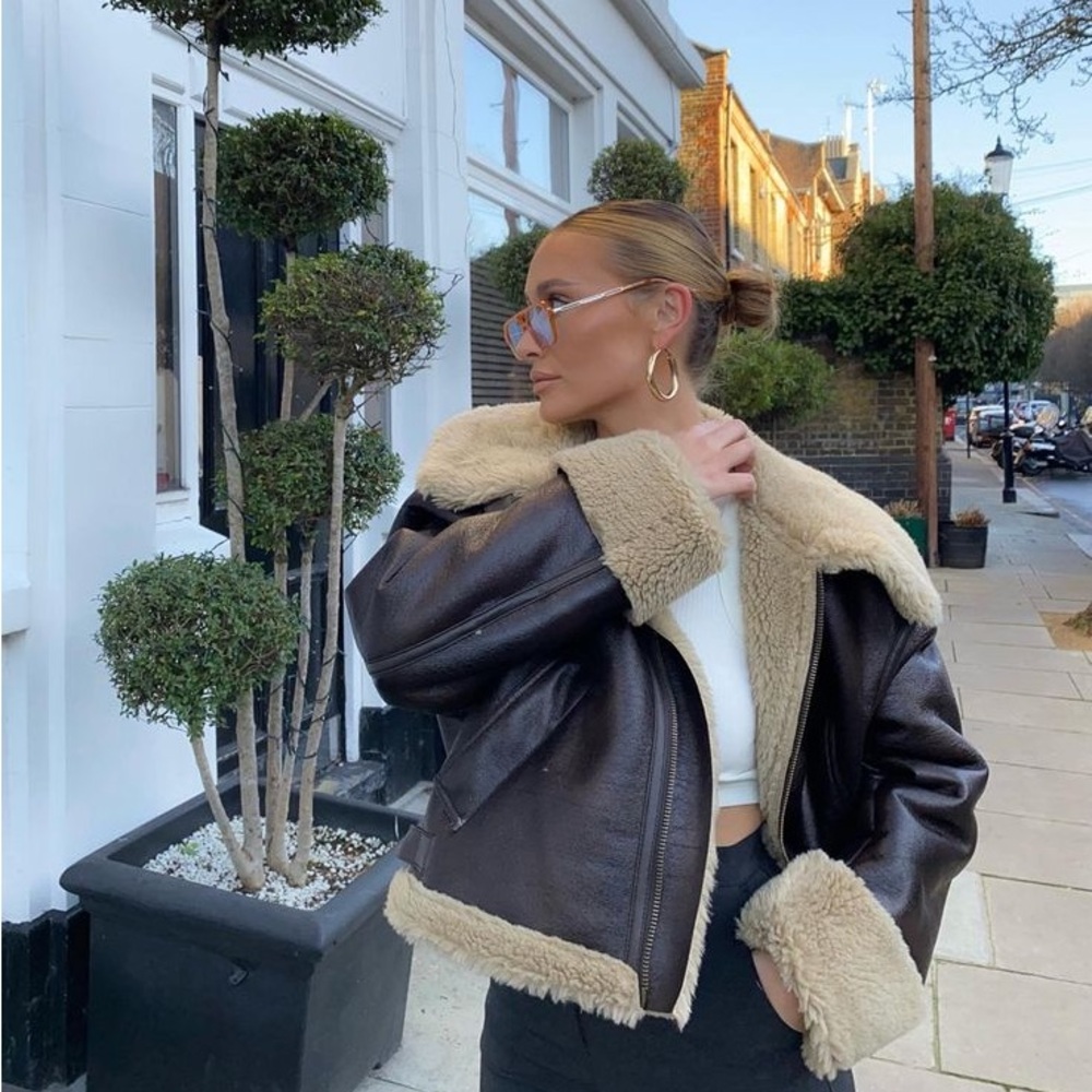 Zara Faux Fur Jacket Brown Leather Sherpa
